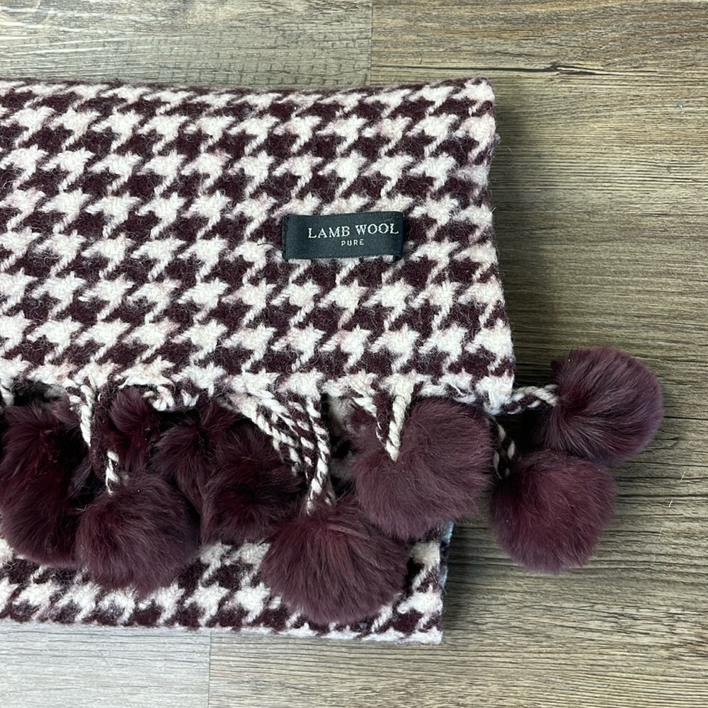Pure Lamb Wool Gingham Scarf with PomPoms, Wine and Cream